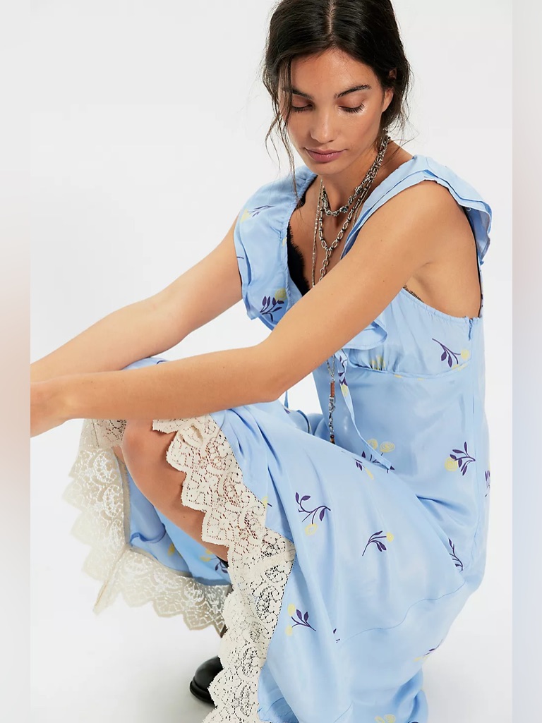 Free People Flock Together Floral Handkerchief Hem Midi Dress Blue Size Xs Nwot